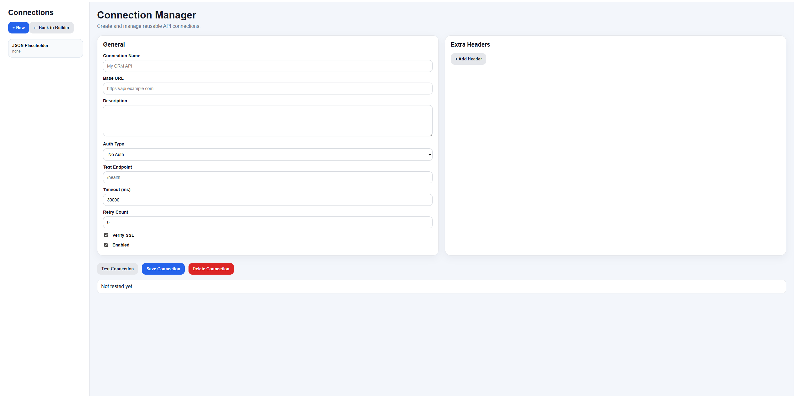 ConnexusX connection manager for reusable API connections, base URLs, authentication, headers and test endpoints