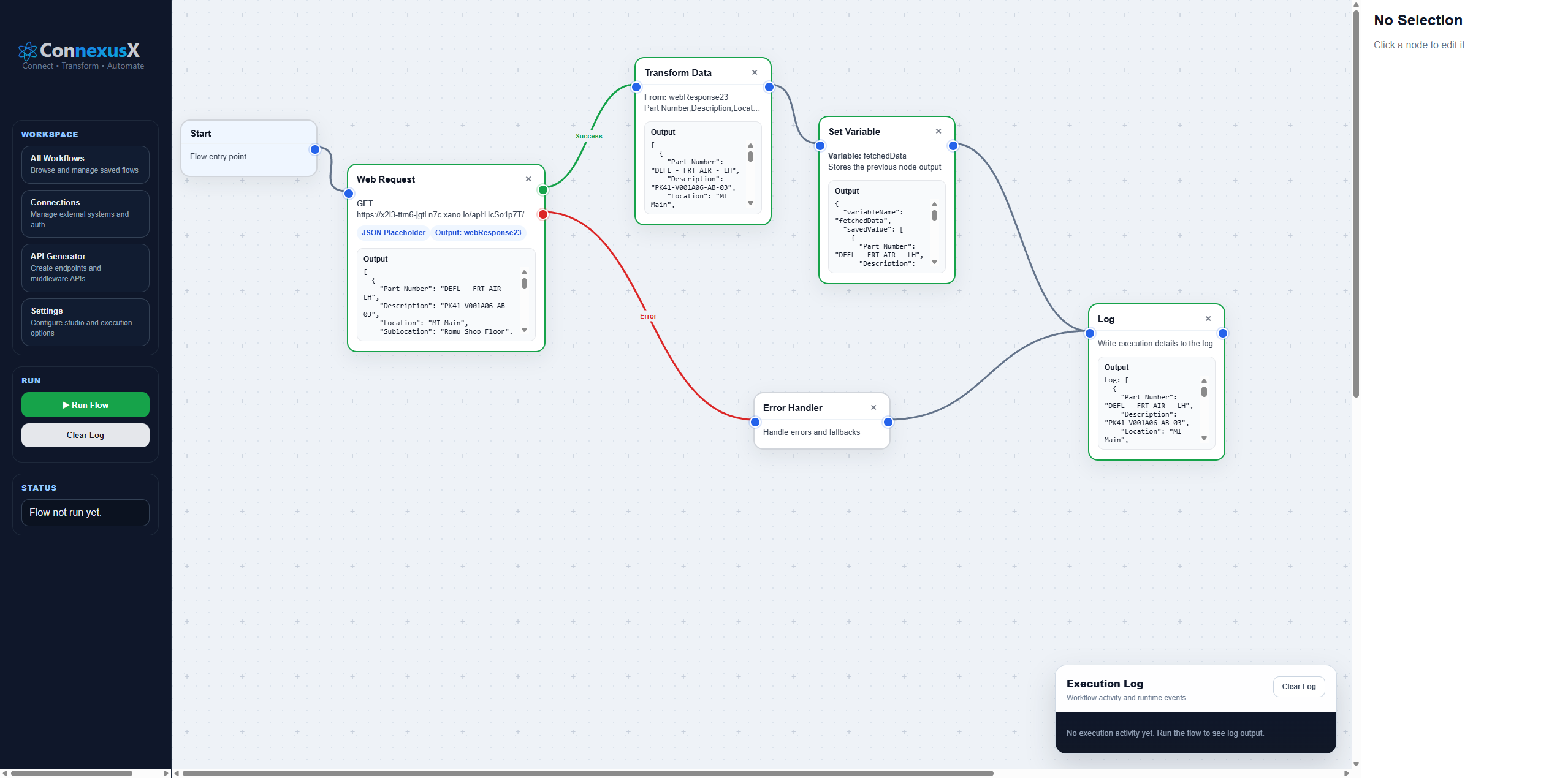 ConnexusX visual workflow builder interface showing connected automation nodes