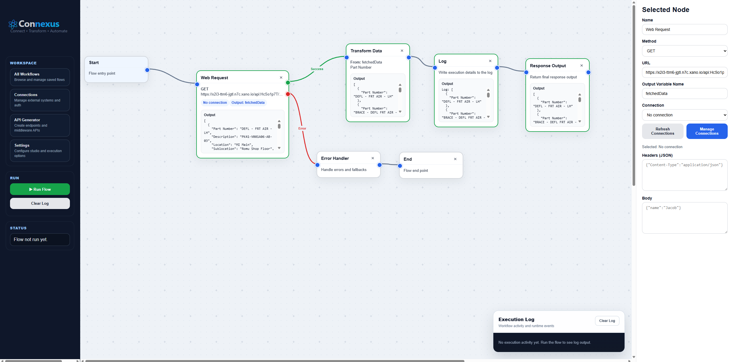 ConnexusX workflow showing Web Request success and error branches, Transform Data, Log, Response Output and End nodes