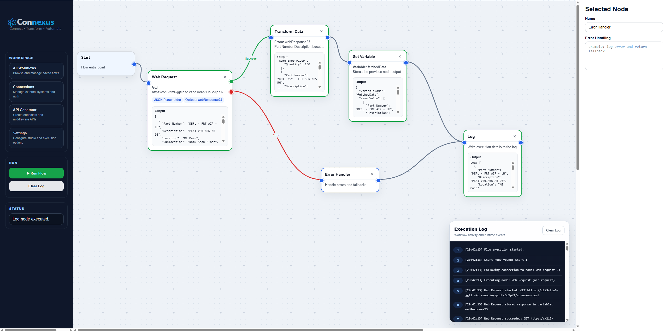 ConnexusX execution log showing workflow steps after running an automation