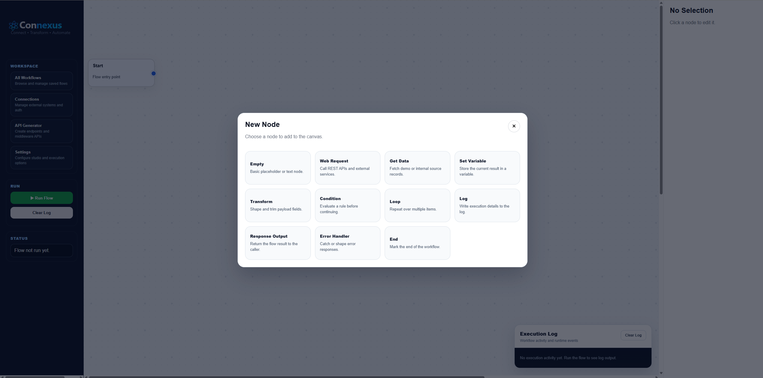 ConnexusX new node selection modal with Web Request, Get Data, Transform, Condition, Loop, Log and Error Handler options