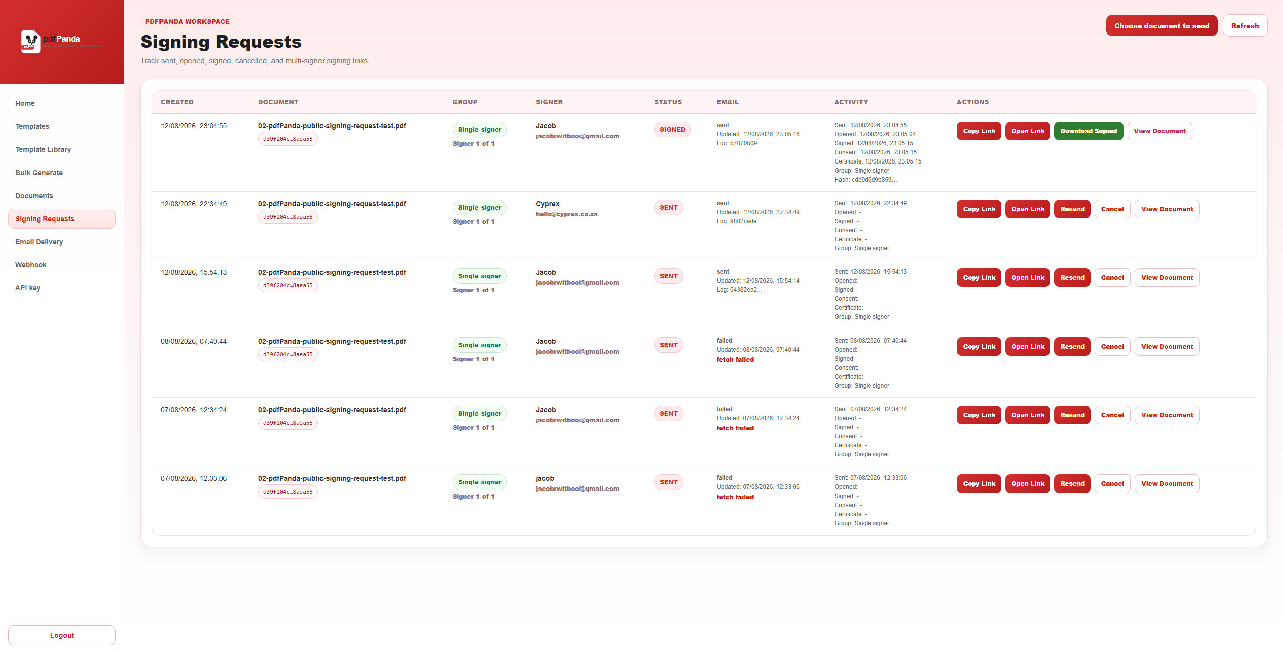 pdfPanda signing requests page showing documents, recipients, signing status and request actions