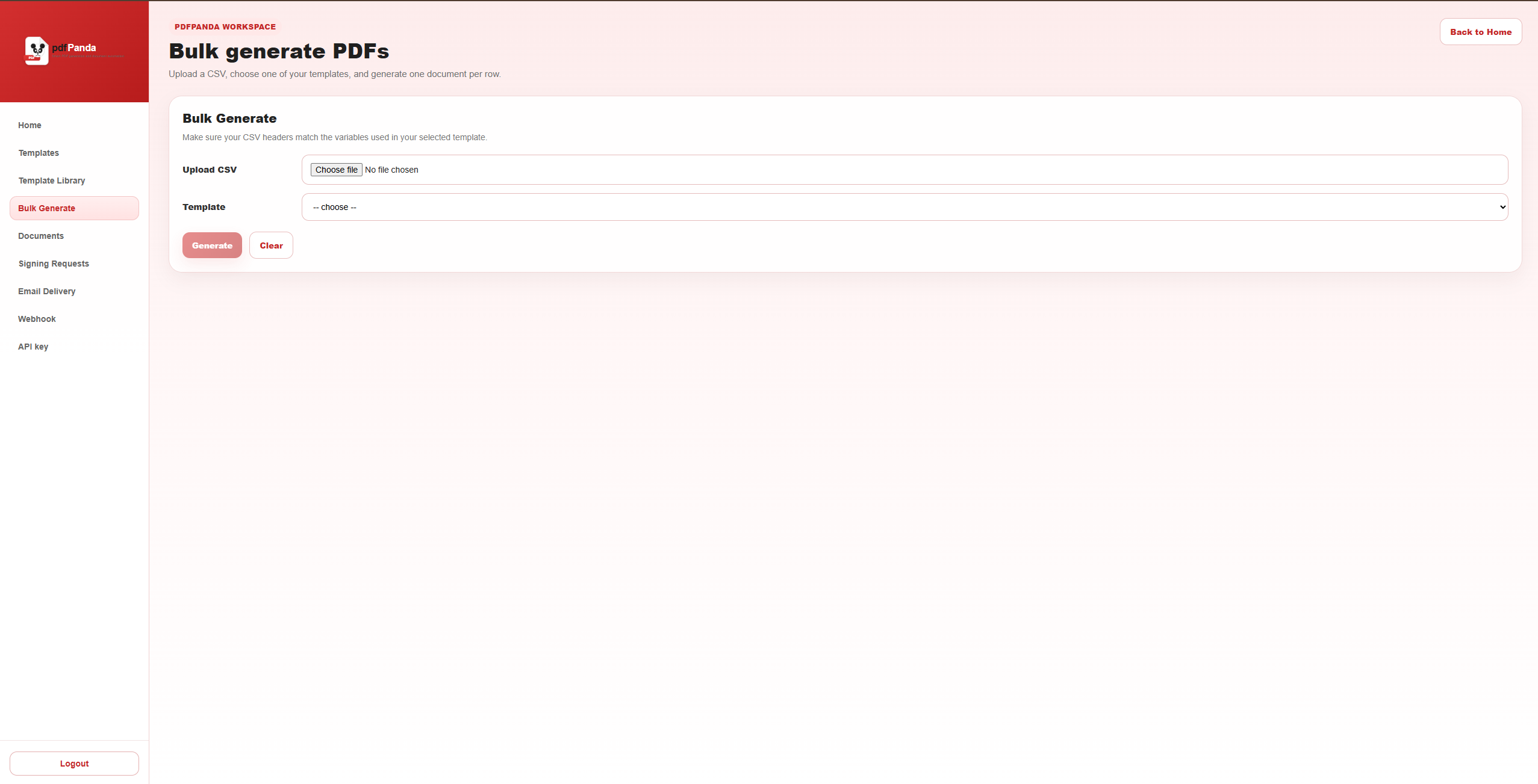 pdfPanda bulk PDF generation page with CSV upload and template selection