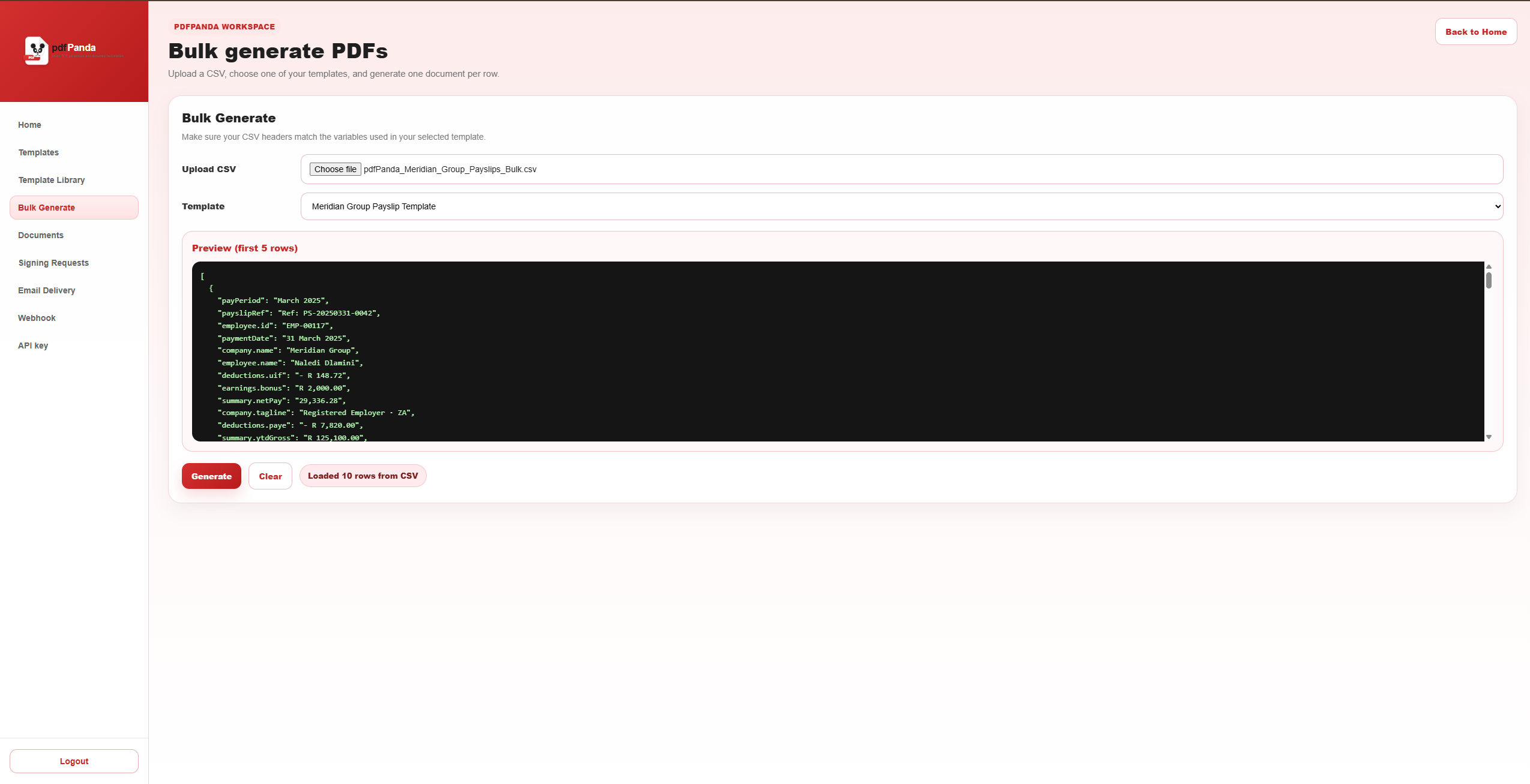 pdfPanda bulk generation page showing parsed CSV data ready for document generation