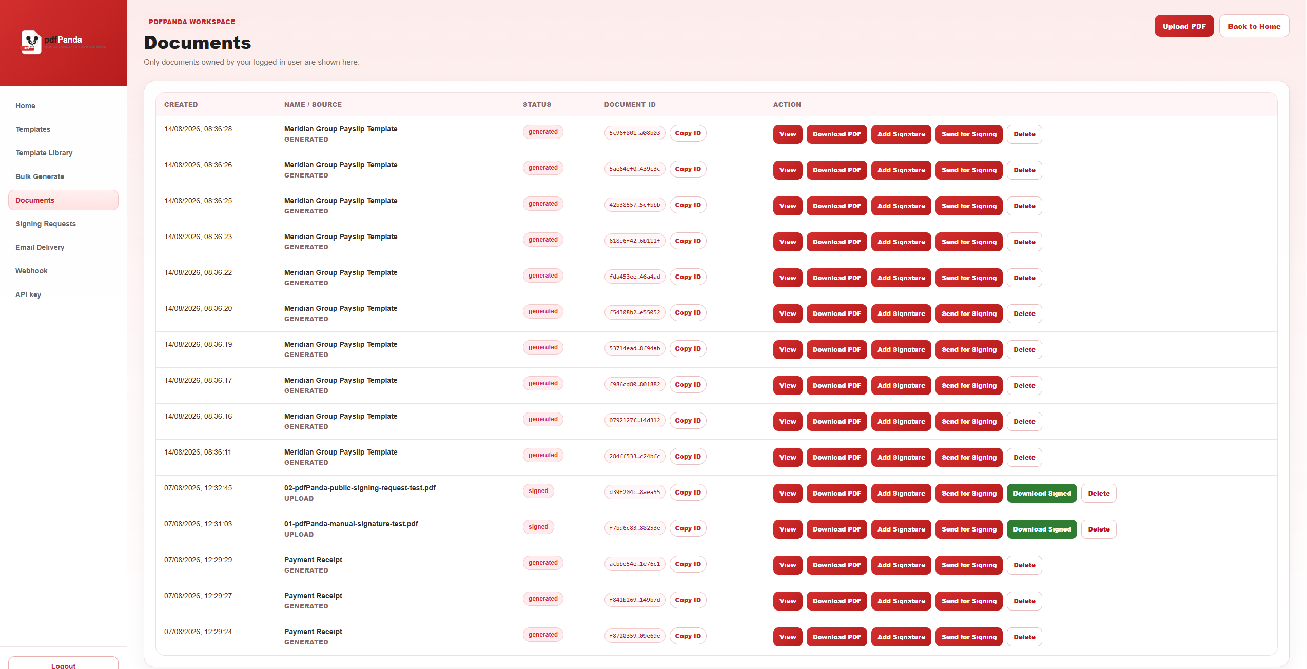 pdfPanda documents workspace showing generated document records, statuses and available actions