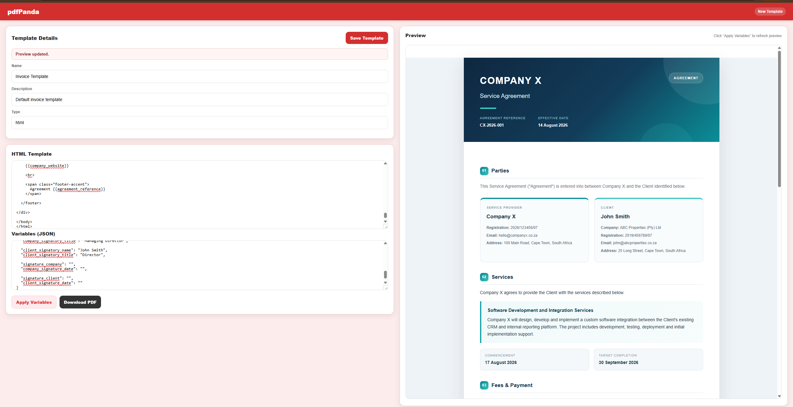 pdfPanda template builder with template details, HTML template data and a document preview