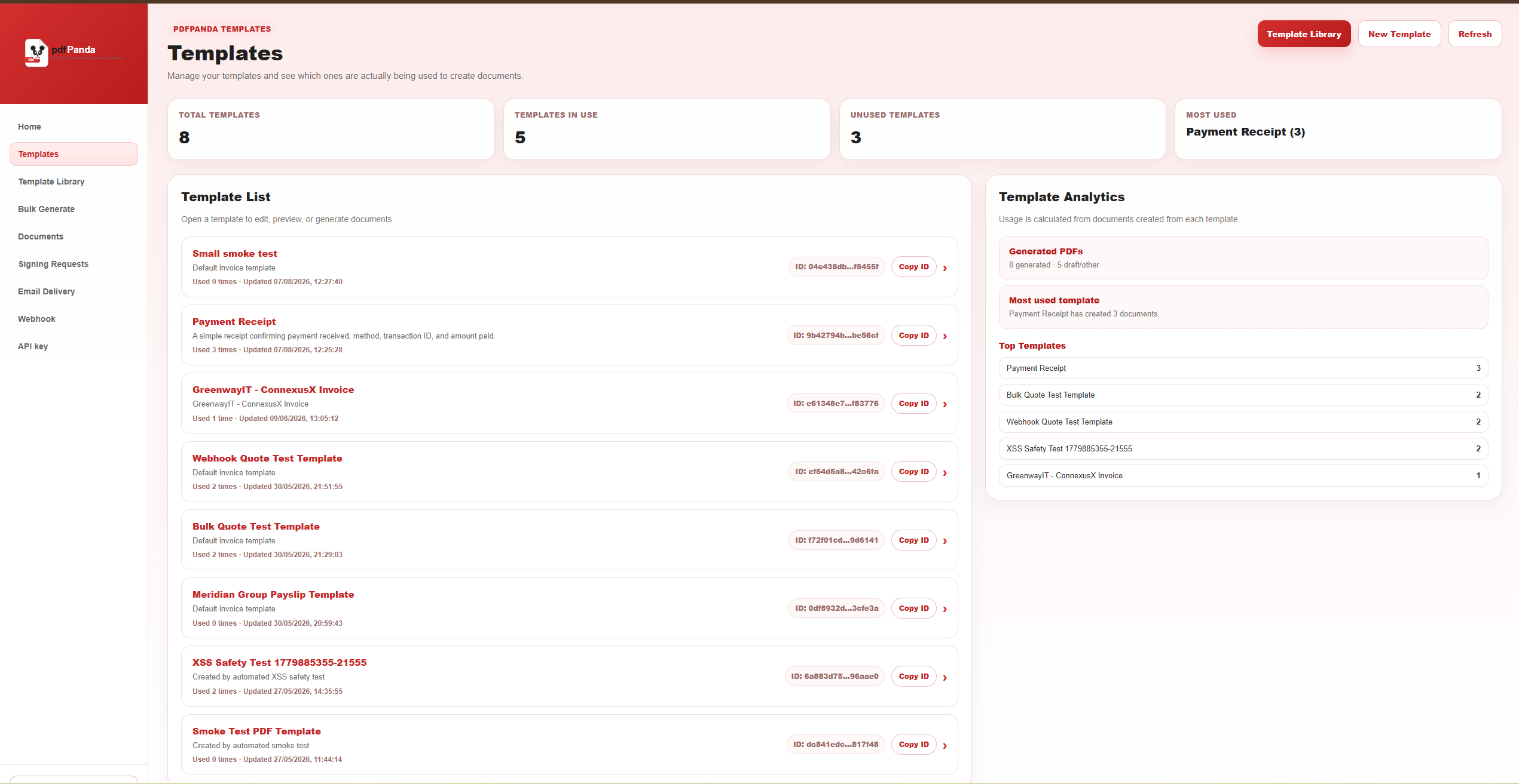 pdfPanda templates page showing a list of reusable document templates and template analytics