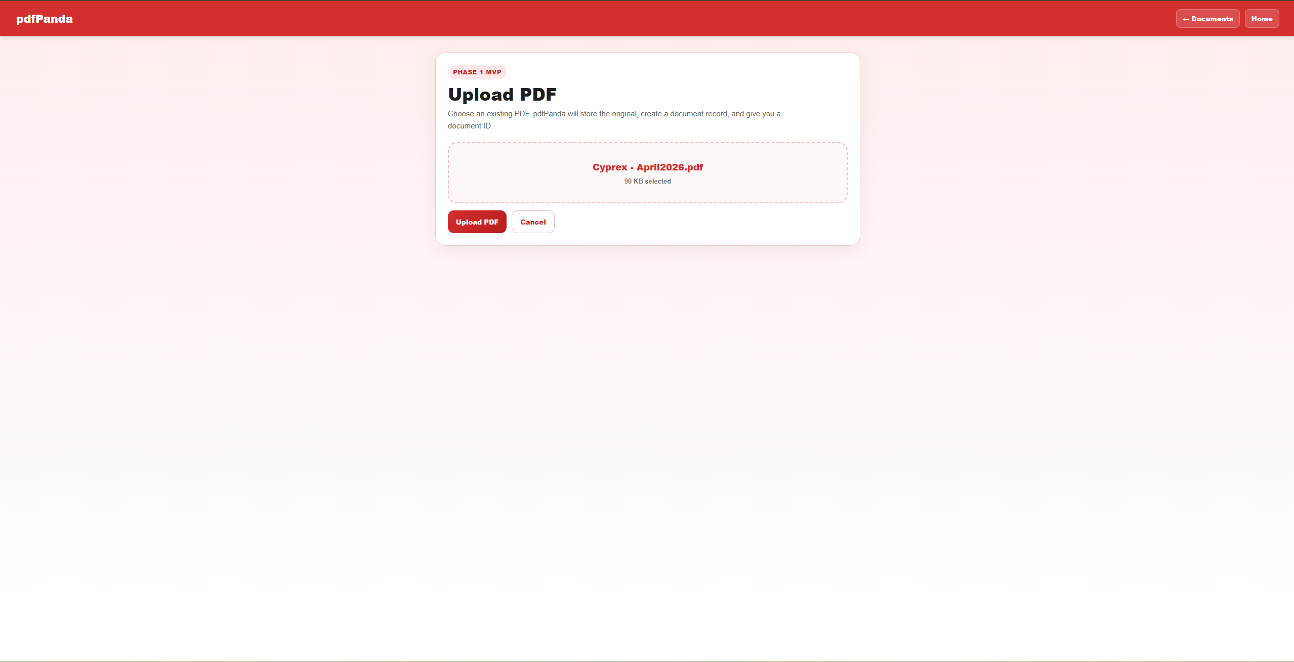pdfPanda upload PDF page showing a selected PDF ready to upload
